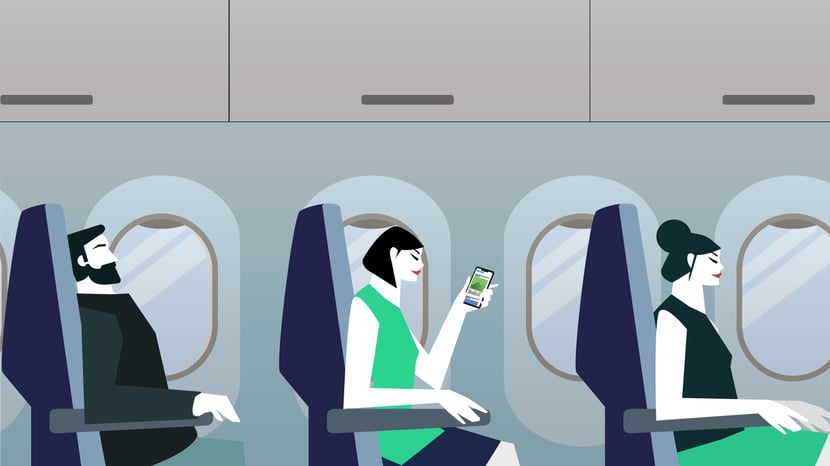 Illustration shows three people sitting on an airplane 