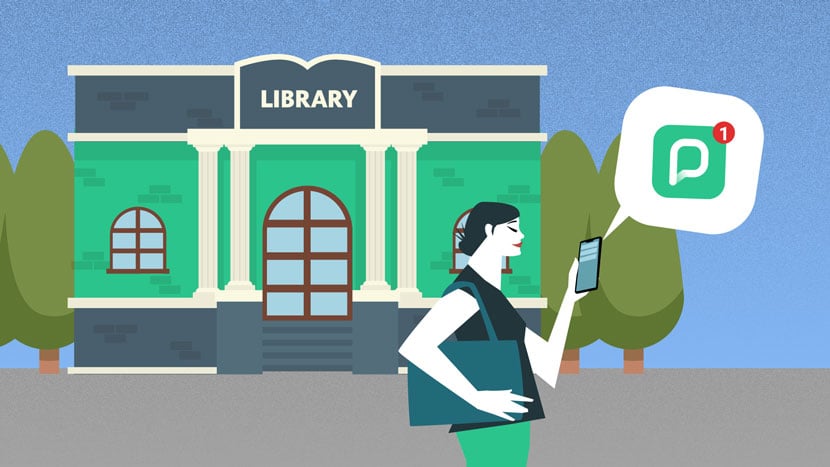 Illustrations shows a person walking in front of a library with a phone on her hand and a text bubble with the PressReader logo