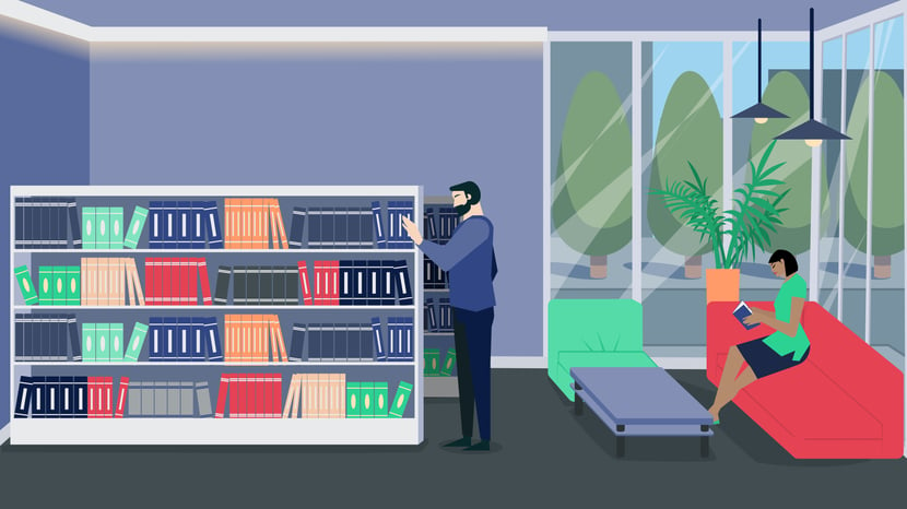 illustration shows people in a modern and comfortable library 