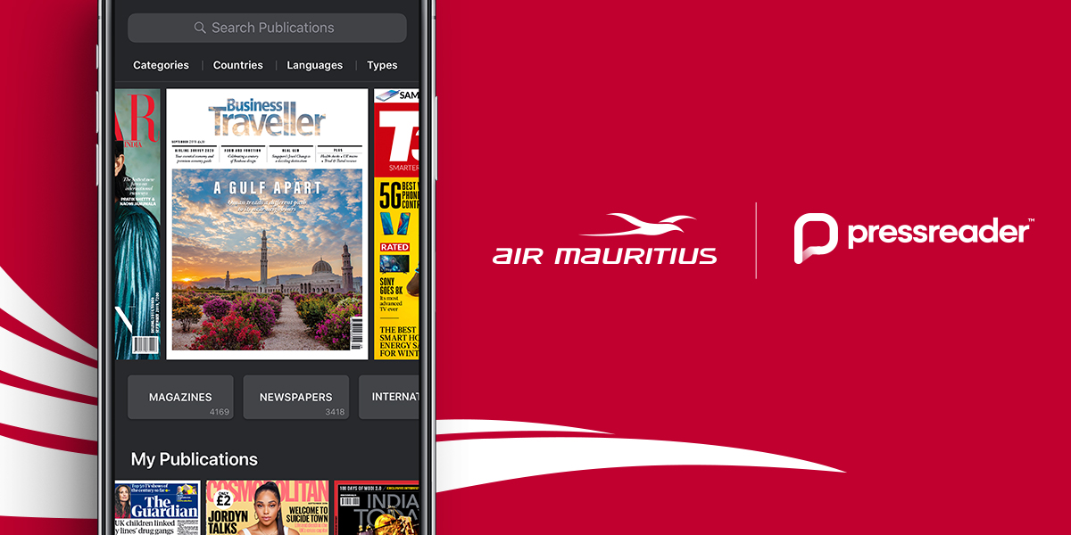 PressReader and Air Mauritius have partnered to bring their passengers over 7,000 of the world's best newspapers and magazines. Here, their logo is shown side by side to represent the partnership. 