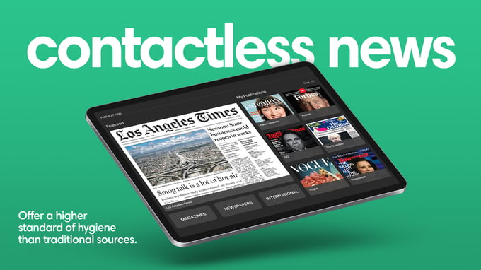 PressReader's contactless news reading experience: digital publications like the Los Angeles Times displayed on an iPad