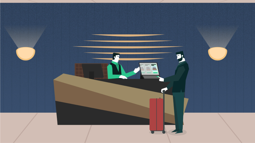 illustration shows a hotel reception with a guest checking-in-1