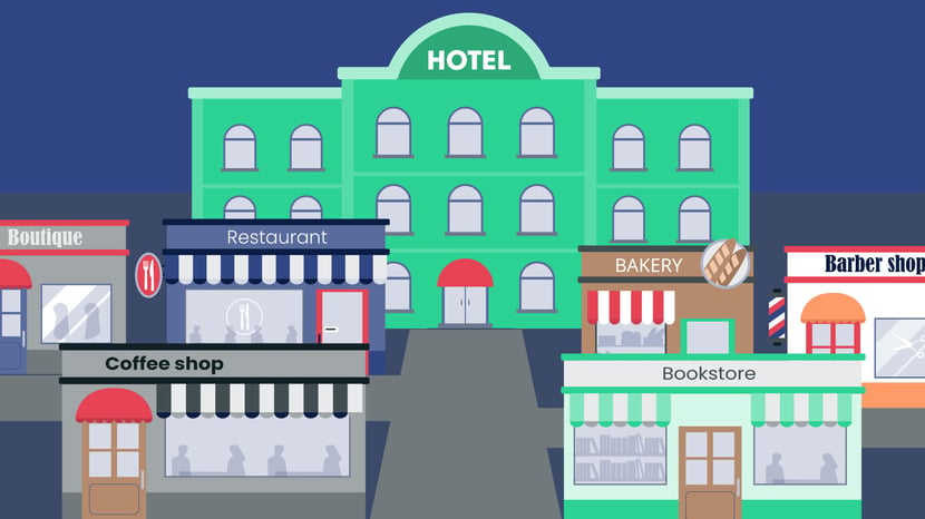Illustration shows big hotel surrounded by coffee shop, bakery, bookstore and barber shop