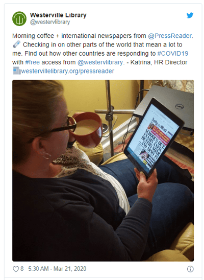 A tweet from Westerville Library explaining that their patrons can access international content