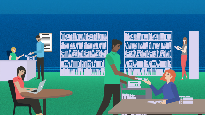 illustration shows people on a library