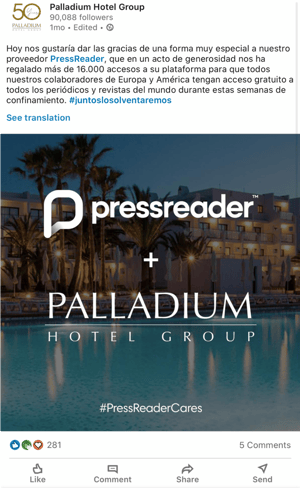 "Today we would like to thank our provider PressReader in a very special way, who in an act of generosity has given us more than 16,000 connections to their platform so that all our collaborators in Europe and America have free access to newspapers and magazines from all over the world during these weeks of confinement."