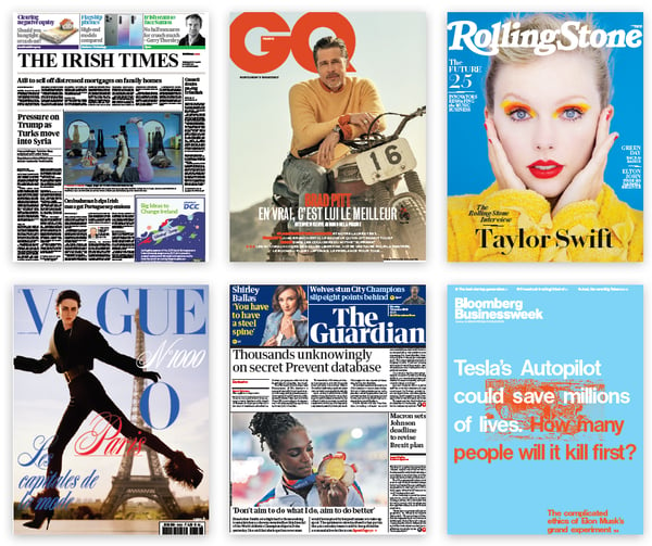 Covers from major newspapers and magazines like Rolling Stone, GQ, The Irish Times, Vogue, and Bloomberg Buisnessweek.