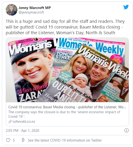 Jenny Marcroft MP tweet about magazine closures